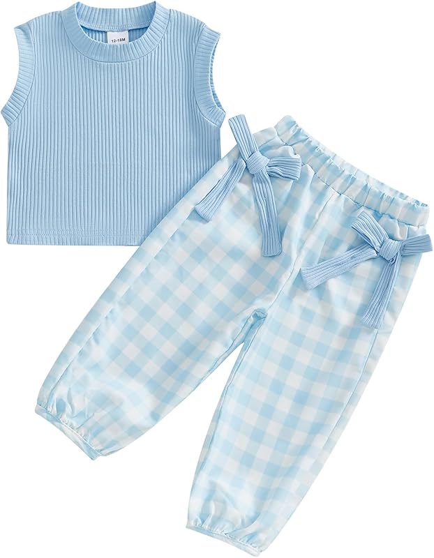 Kaipiclos Toddler Baby Girl Clothes Ribbed Knit Sleeveless Tank Top & Bow Plaid Pants 2 Piece Spring Summer Outfit Set 12M-5T
