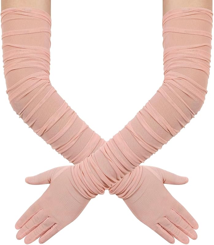 Hazhlko Women's Super Long Stretchy Ruched Mesh Tulle Sheer Gloves Costume Opera Party 1920's Dance Gloves