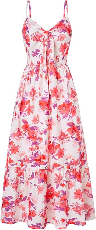 GRACE KARIN Women's 2025 Summer Maxi Dress Floral Tie Front Spaghetti Strap Casual Boho Beach Flowy Sundress with Pockets