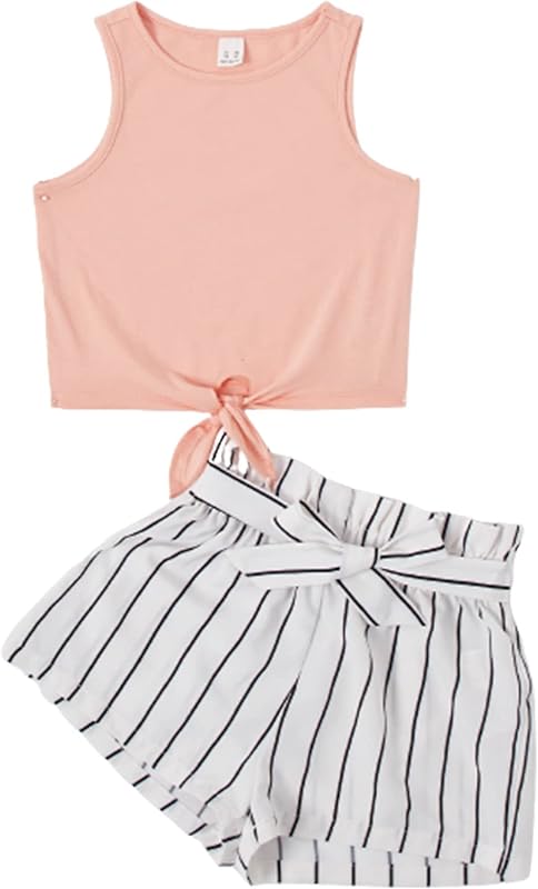 OYOANGLE Girl's 2 Piece Outfits Summer Tie Knot Tank Top and Paperbag Waist Striped Shorts Set