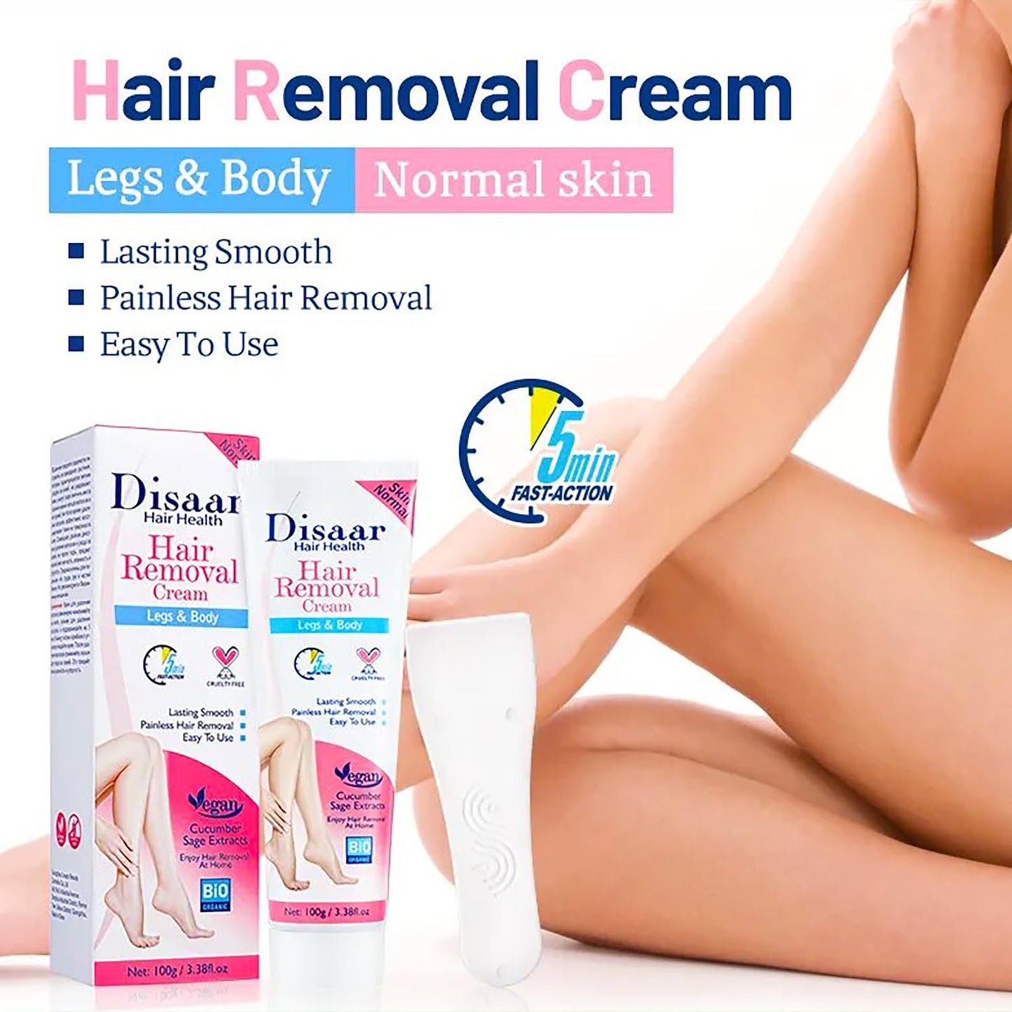 Hair Removal Cream Legs Body 5 min Fast-Action Armpits Breasts Arms Bikini Area Vegan All Type Of Skin 100g / 3.38fl.oz (Cucumber Sage Extract - Normal Skin)