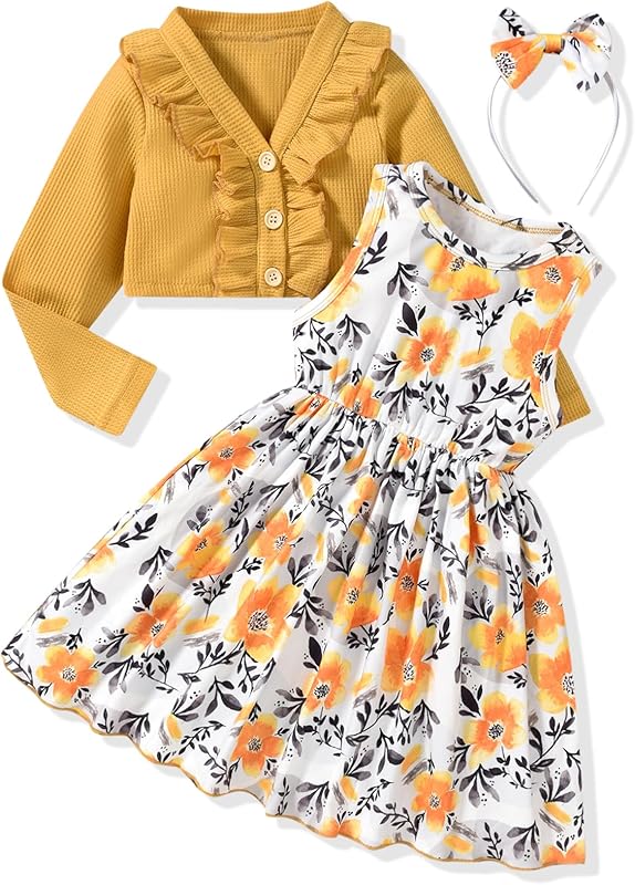 HINTINA Toddler Little Girls Dress And Cardigan Sets 2 Piece Floral Print Sleeveless Dress and Long Sleeve Cardigan Set