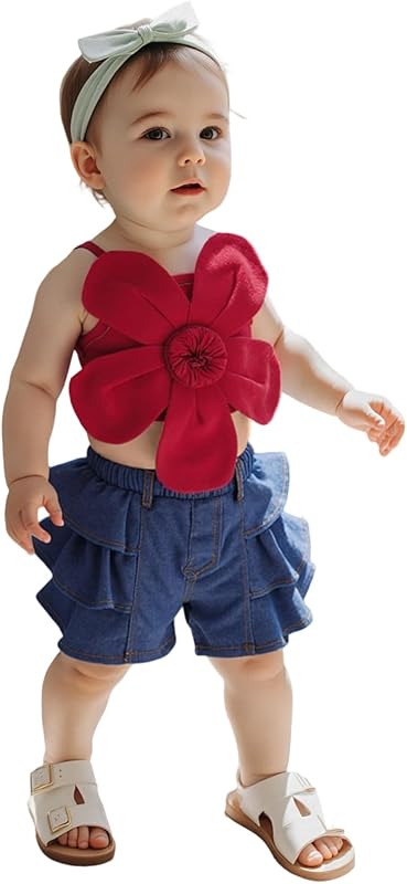 Emmababy Toddler Girls Denim Shorts Set Ribbed Crop Tank Top Sleeveless Bow Jean Shorts Skirt Western Baby Summer Clothes