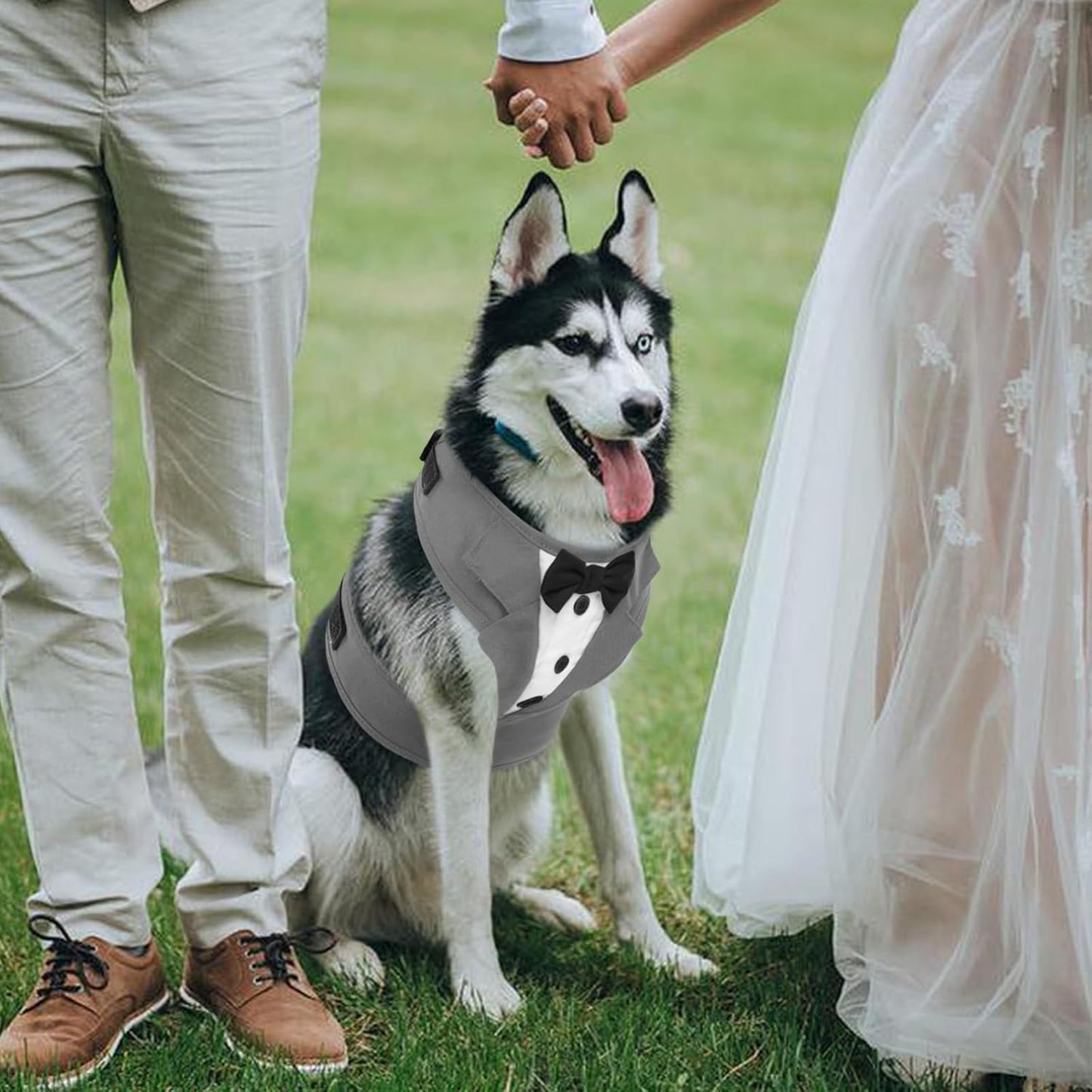 Kuoser Tuxedo Dog Harness, Adjustable No Pull for Small Medium Dogs, Wedding Suit with Bow Tie Party Costume, Gray XS