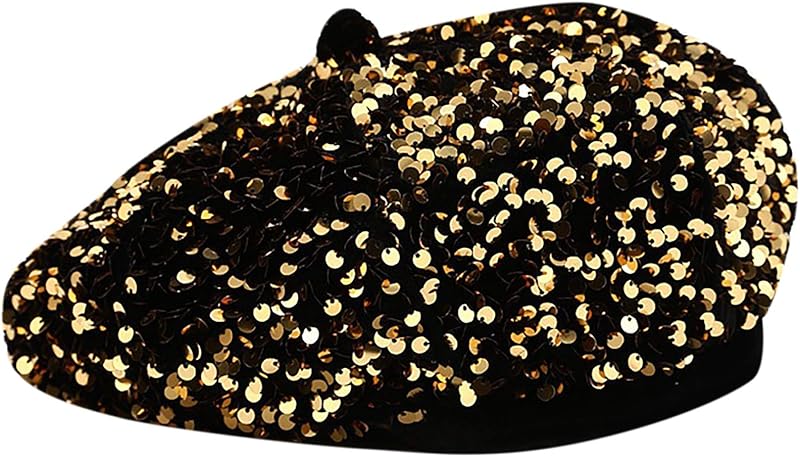 Women Beret Hat Glitter Sequins French Style Beanie Cap Adjustable Fashion Shimmer Hat for Girls Ladies