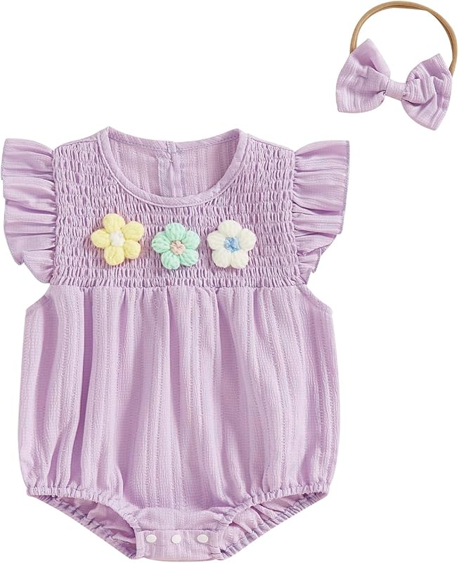 Newborn Baby Girl Outfits Cute 3D Knit Floral Summer Clothes Infant Fly Sleeve Bubble Romper Headband Clothing