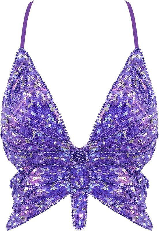 Mocure Womens Glitter Sequin Butterfly Crop Top Low-Cut Tank Top Rave Tube Vest Top for Belly Dance Costume Outfits