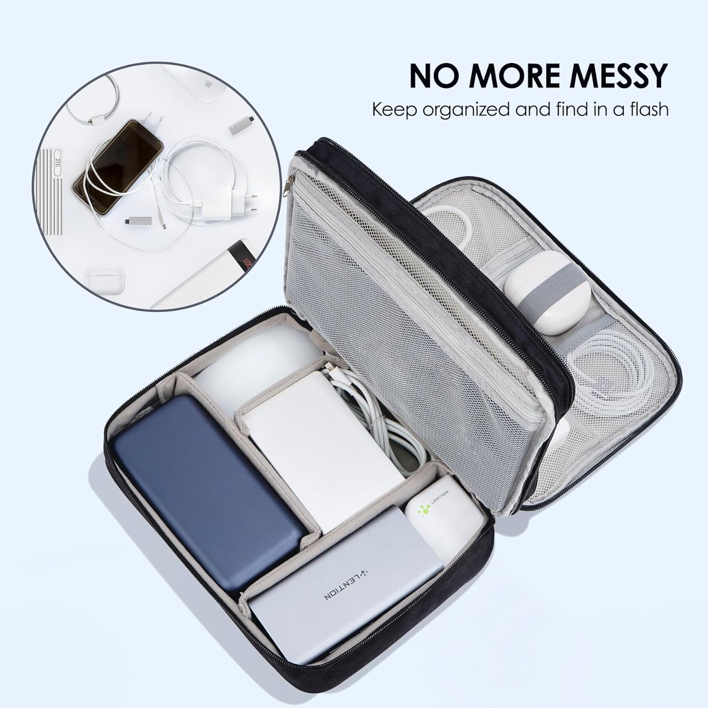 LENTION Cable Electronics Organizer Bag Pouch, Travel Accessories Carry Case Waterproof Double Layers All-in-One Storage Bag Carrying for Cord, Charger, Power Bank, Earphone Black