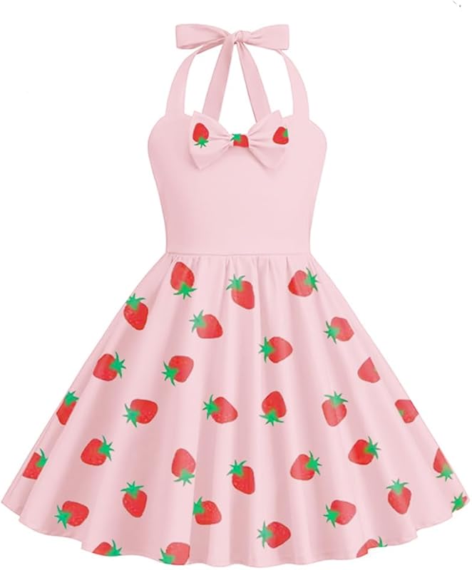 1950s Vintage Dresses for Girls Halter Dress Sleeveless Bowknot Heart Neck 4 - 12 Years - TrendyLookz