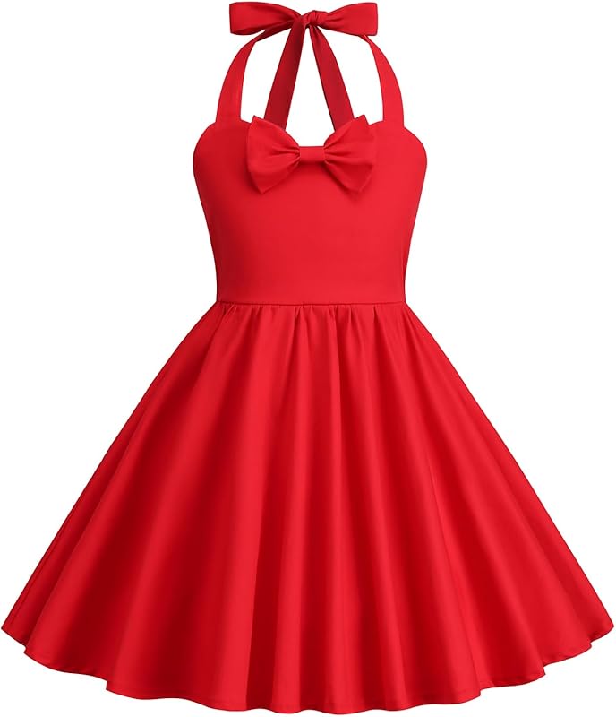 1950s Vintage Dresses for Girls Halter Dress Sleeveless Bowknot Heart Neck 4 - 12 Years - TrendyLookz