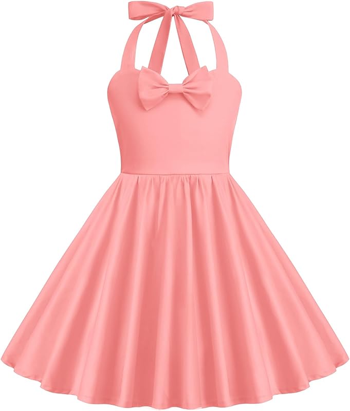 1950s Vintage Dresses for Girls Halter Dress Sleeveless Bowknot Heart Neck 4 - 12 Years - TrendyLookz