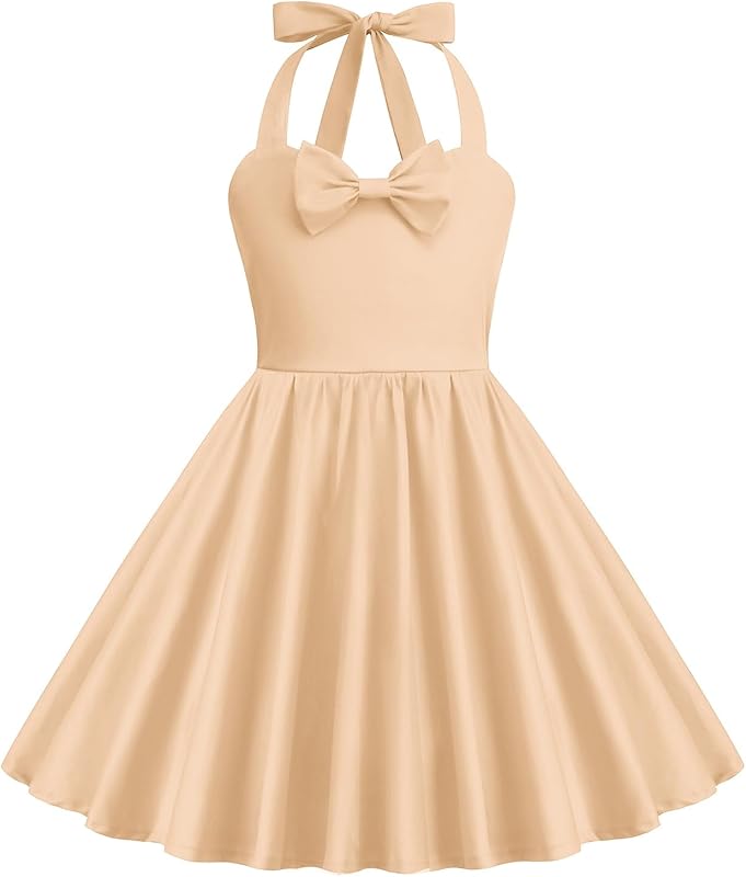 1950s Vintage Dresses for Girls Halter Dress Sleeveless Bowknot Heart Neck 4 - 12 Years - TrendyLookz