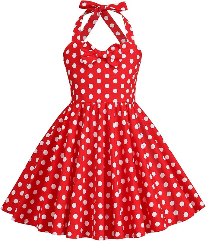 1950s Vintage Dresses for Girls Halter Dress Sleeveless Bowknot Heart Neck 4 - 12 Years - TrendyLookz