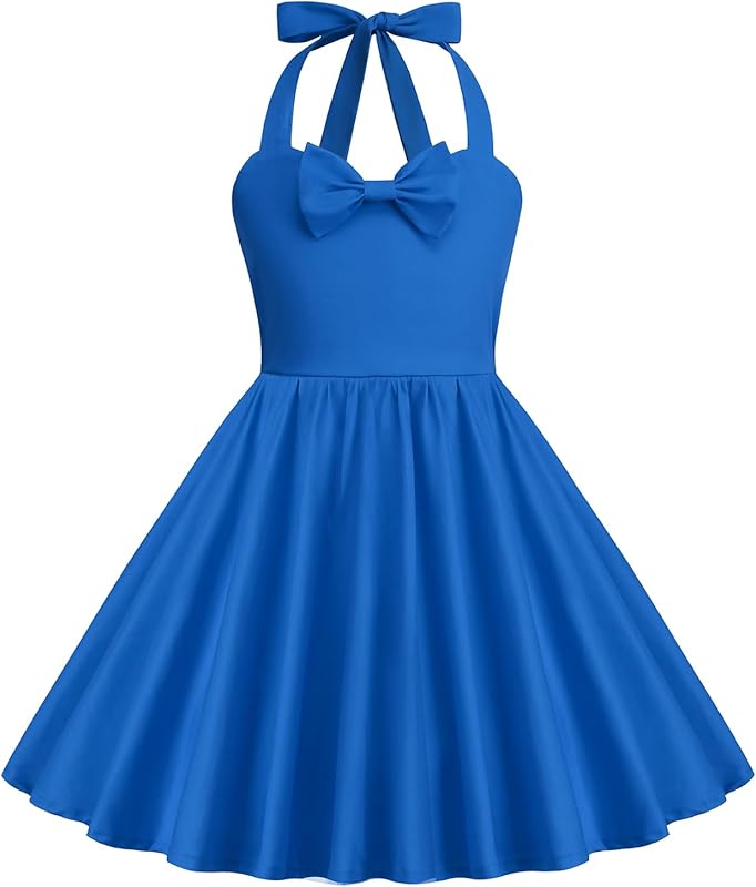 1950s Vintage Dresses for Girls Halter Dress Sleeveless Bowknot Heart Neck 4 - 12 Years - TrendyLookz