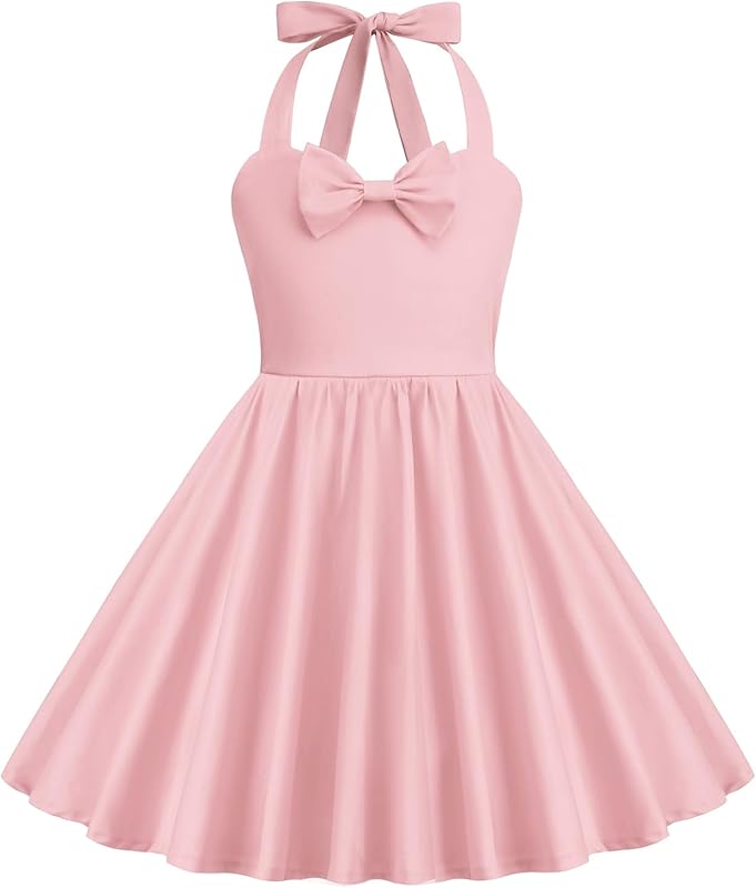 1950s Vintage Dresses for Girls Halter Dress Sleeveless Bowknot Heart Neck 4 - 12 Years - TrendyLookz