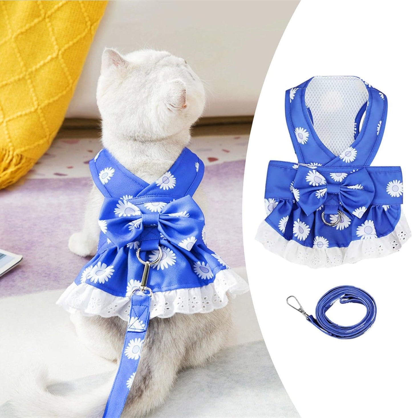 Dog Harness Dress for Small Dog Daisy Floral Pet Harness and Leash Set Bow Knot Girl Puppy Princess Skirt with D-Ring Mesh Summer Pet Clothes for Cat Dogs (Blue, XS)