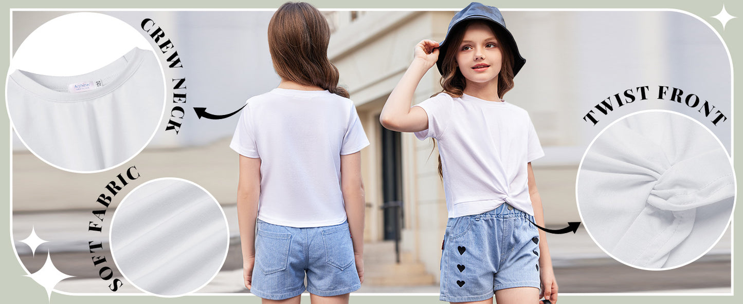Arshiner Girls T-Shirts Twist Front Kids Summer Printed Round Neck Short Sleeve Tops Casual Fashion Tee Shirt for Girls 5-12 Years