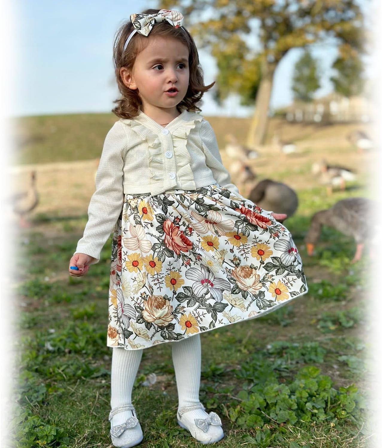 HINTINA Toddler Little Girls Dress And Cardigan Sets 2 Piece Floral Print Sleeveless Dress and Long Sleeve Cardigan Set