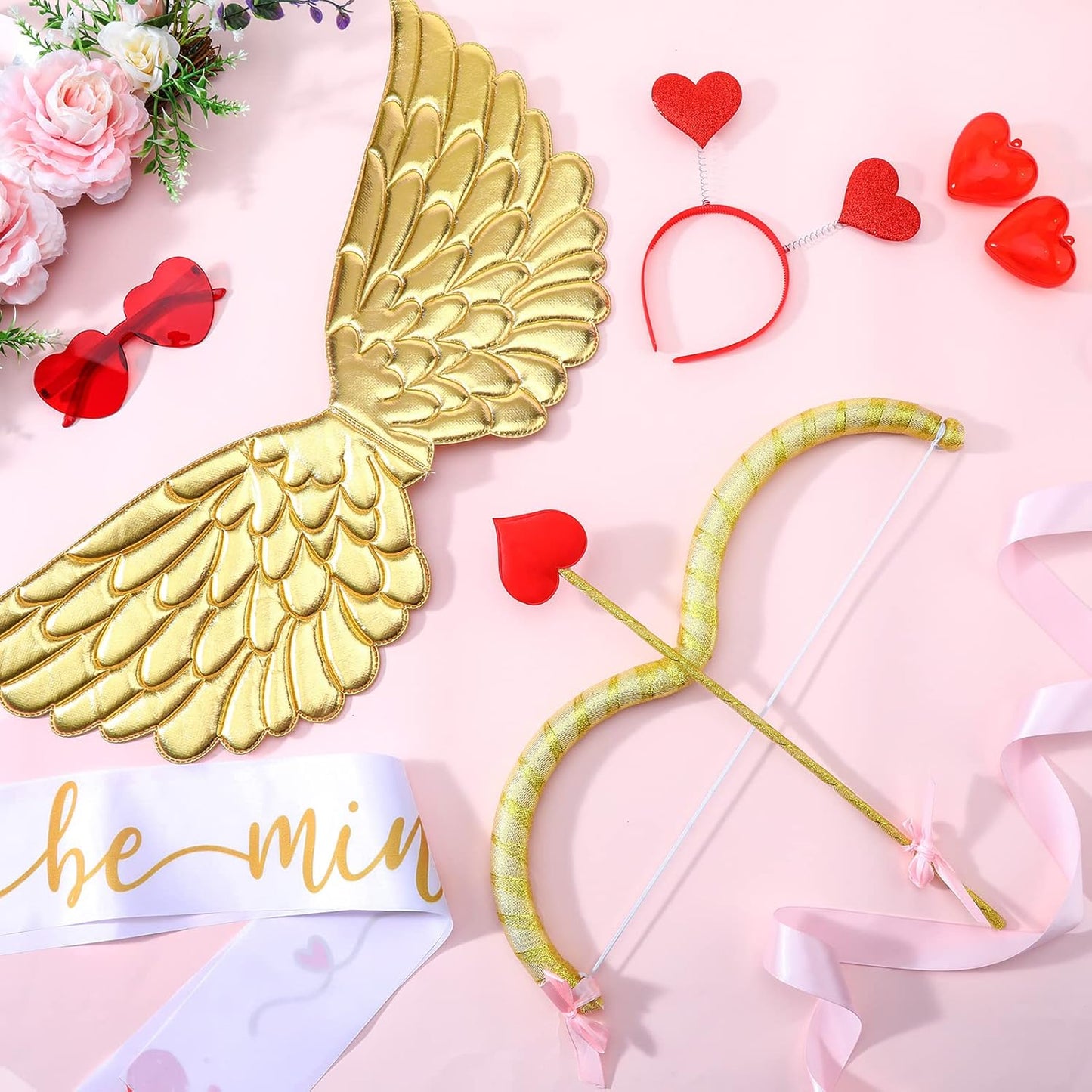 Marsui 7 Pcs Valentines Cupid Costume Set Valentine's Cupid Accessory Kit Includes Wings, Heart Sunglasses, Bopper Heart Headband, Body Sash, Bow and Arrow and Tutu Skirt for Women Men Adult Props Set