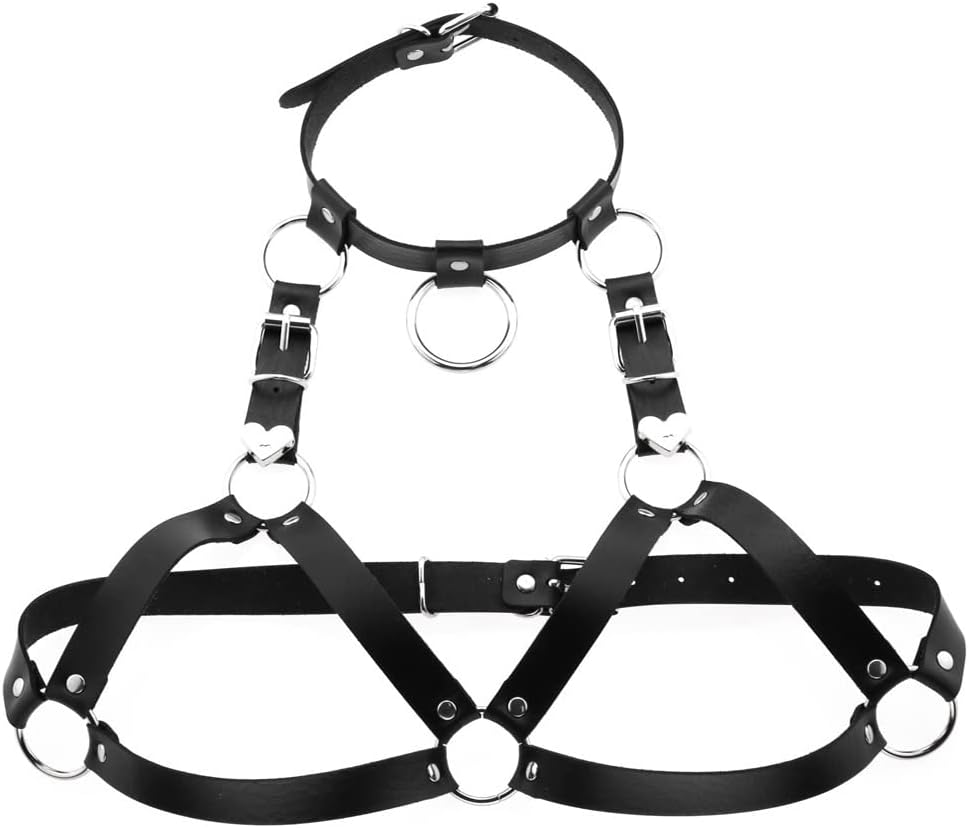 Leather Chest Straps Harness Body Chain Heart Harajuku Punk Caged Bra Waist Belts with Choker Collar for Women Rave Outfits