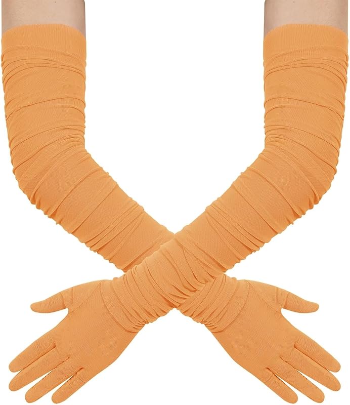 Hazhlko Women's Super Long Stretchy Ruched Mesh Tulle Sheer Gloves Costume Opera Party 1920's Dance Gloves