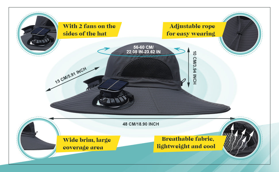 Berlune Men Sun Hat with 2 Solar Fan Fishing Wide Brim Sun Hat for Outdoor Summer Camping Beach, USB & Solar Powered