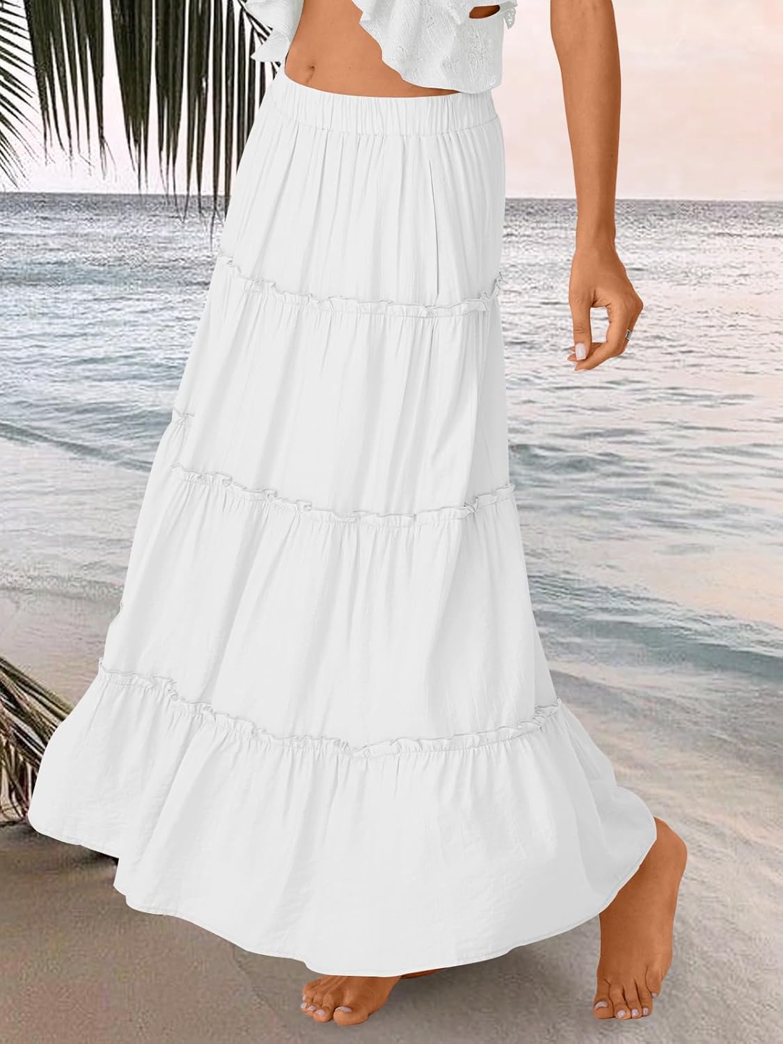 Trendy Queen Long Skirts for Women Boho Maxi Skirt Summer Swing Tiered A-Line Elastic High Waist Dress with Pockets Fashion