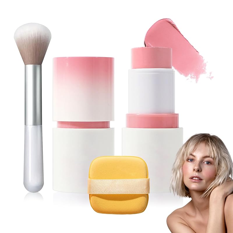 Cream Blush Stick with Brush,Waterproof Multi Cream Makeup Stick,Lightweight,Long-lasting,2 in 1 Multi Blush for Cheeks & Lip Tint & Eyeshadow Makeup(#01 Milk Tea Pink)