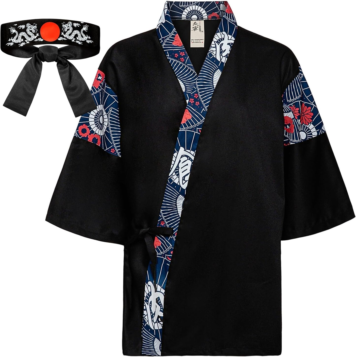 Japanese Sushi Restaurant Chef Coat Uniforms, 3/4 Sleeve Kimono Floral Workwear Jacket Dragon Black Headband XL