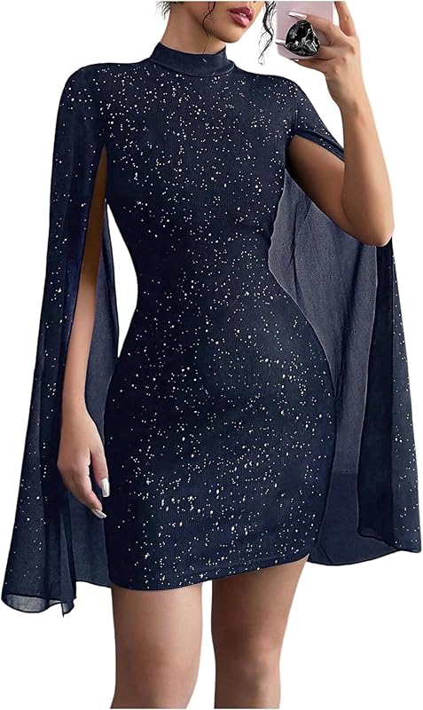 SOLY HUX Women's Sparkly Glitter Bodycon Mini Dress Sequin Long Bell Sleeve Mock Neck Prom Cocktail Party Dresses