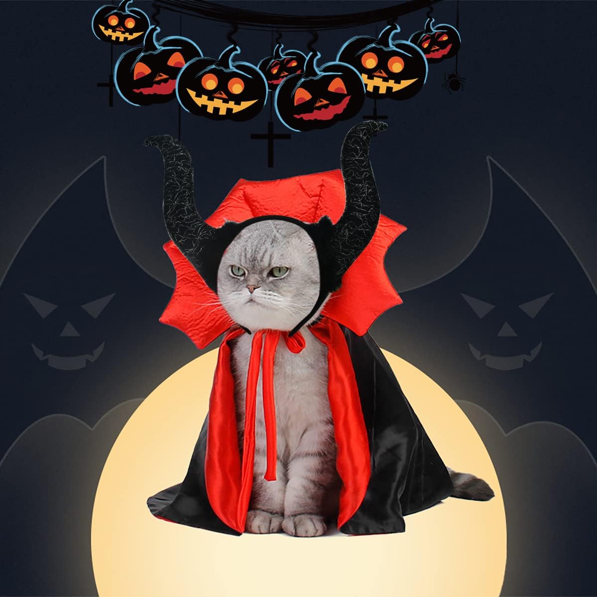 2 Pcs Dog Halloween Costume Set Cat Witch Vampire Cape Devil Horns Hat Holiday Clothes for Cat Puppy Halloween Party Pet Outfits M