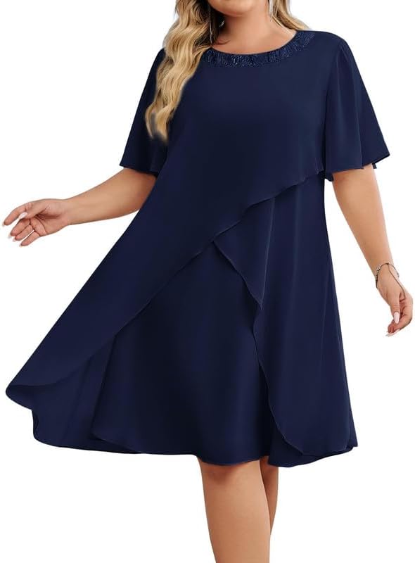 Hanna Nikole Plus Size Mother of The Bride Outfits Chiffon Wedding Guest Dress Cotail Dresses Evening Dress Festival Outfit Elegant Sequin Round Neck Formal Dresses