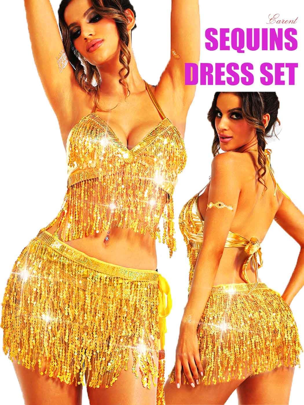 EARENT Fringe Belly Dance Costume Skirt Sequin Skirts Sets for Women