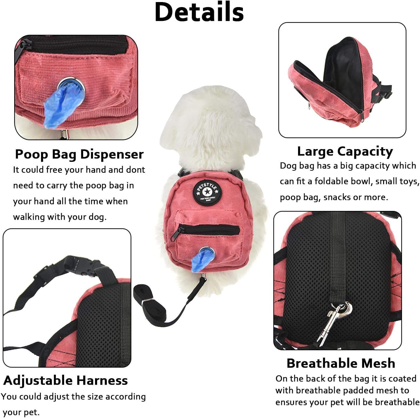 FLAdorepet Dog Backpack Harness with Leash, Dog Poop Bag Dispenser, Pet Self Carrier Adjustable Travel Hiking Walking Harness Backpack for Small Medium Dogs (L(Fit:10-15lb), Pink)