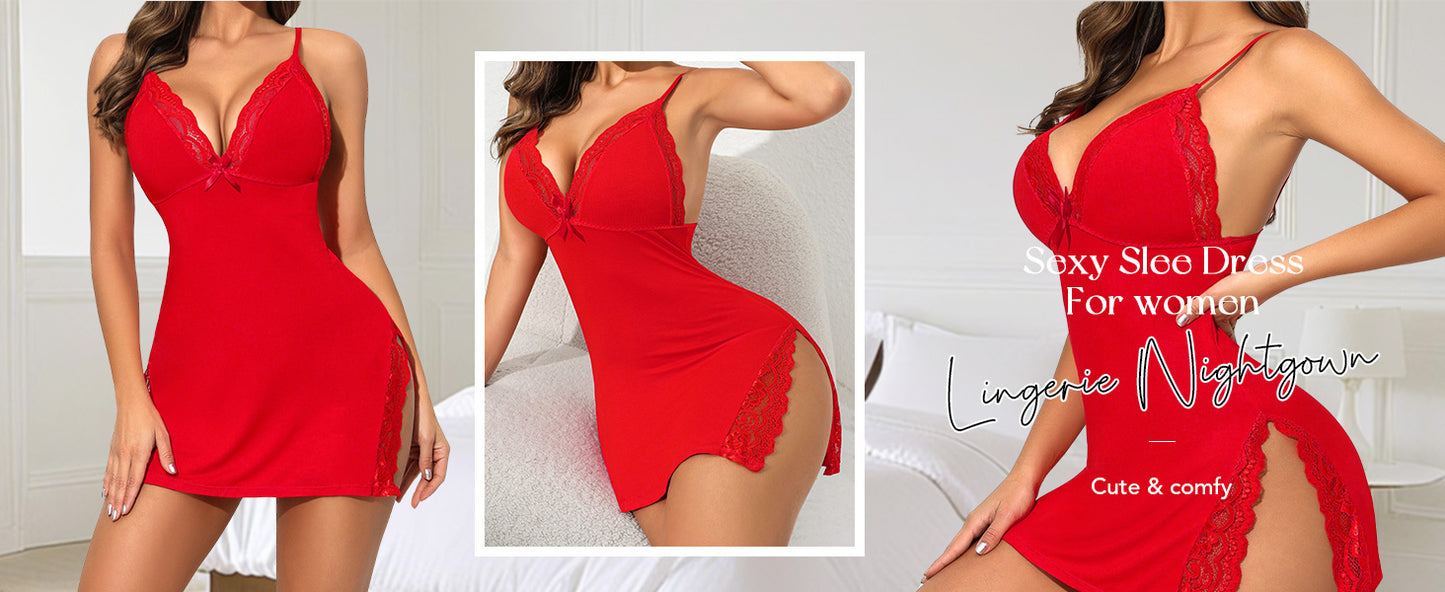 Sexy Night Gowns for Women Babydoll Lingerie Dress Lace Trim Sleep Dress Chemise Nightgowns Side Split Nighty