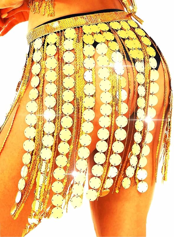 Aukmla Women Sparkly Sequin Belly Dance Skirt Fringe Festival Hip Scarf Dots Tassel Skirts