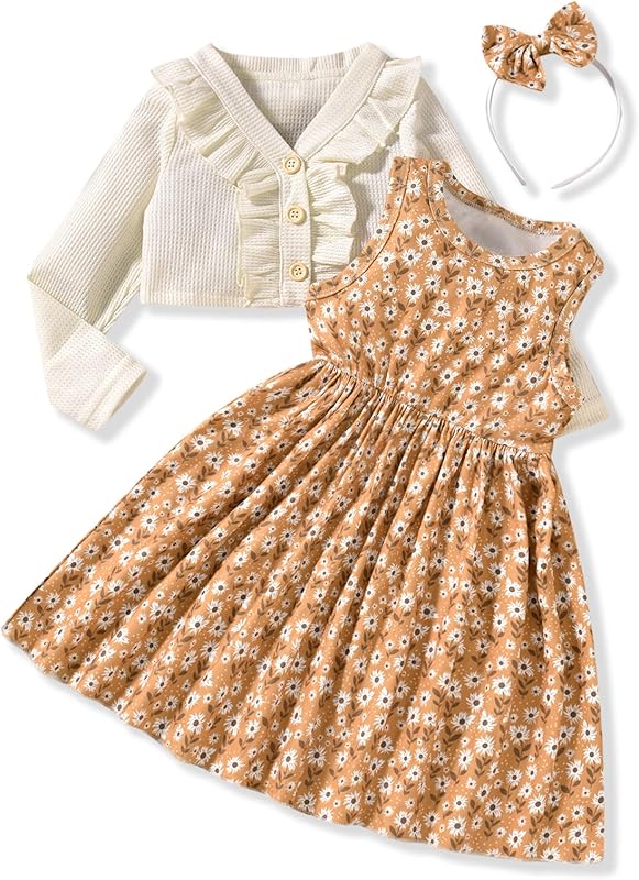 HINTINA Toddler Little Girls Dress And Cardigan Sets 2 Piece Floral Print Sleeveless Dress and Long Sleeve Cardigan Set