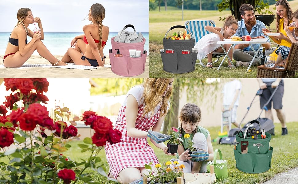 Collapsible Basket with Handles: Portable Picnic, Beach, Garden Harvest, Market Shopping Basket, Home Storage, Bathroom Organizer(Green)
