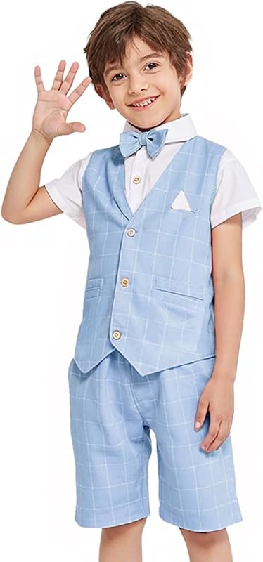 Summer Boys Suit Dress Clothes Kids Wedding Ring Bearer Outfit 4Pcs Shirt Vest Shorts Set