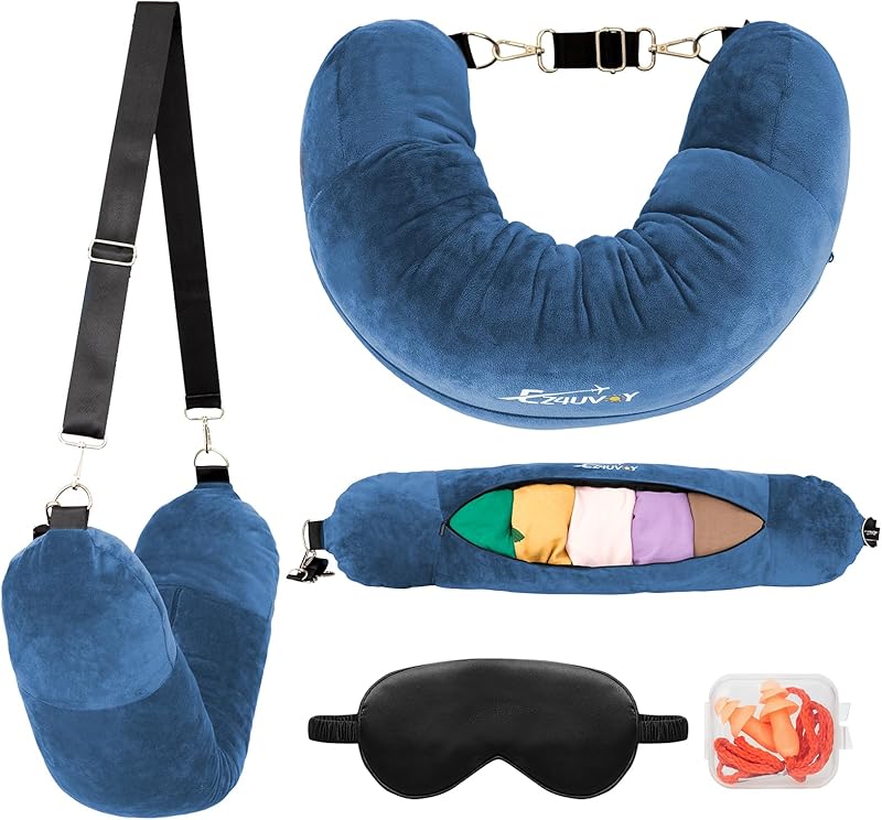 Travel Neck Pillow Stuffable with Clothes, Stuffable Neck Pillow for Travel, Packable Fillable Storage Bag for Airplane Travel, Soft Velvet Neck Pillow Case Cover