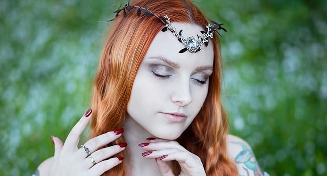 MOSTORY Handmade Elf Moon Crown - Fairy Flower Headpiece Woodland Circlet Elven Floral Headband for Women Girls Renaissance Forest Princess Wedding Bridal Cosplay Bronze Green
