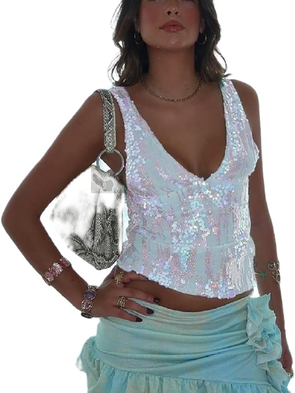 Women Y2K Sequin Cami Top Sexy Sparkly V Neck Tank Top Backless Glitter Crop Tops Floral Rhinestone Clubwear