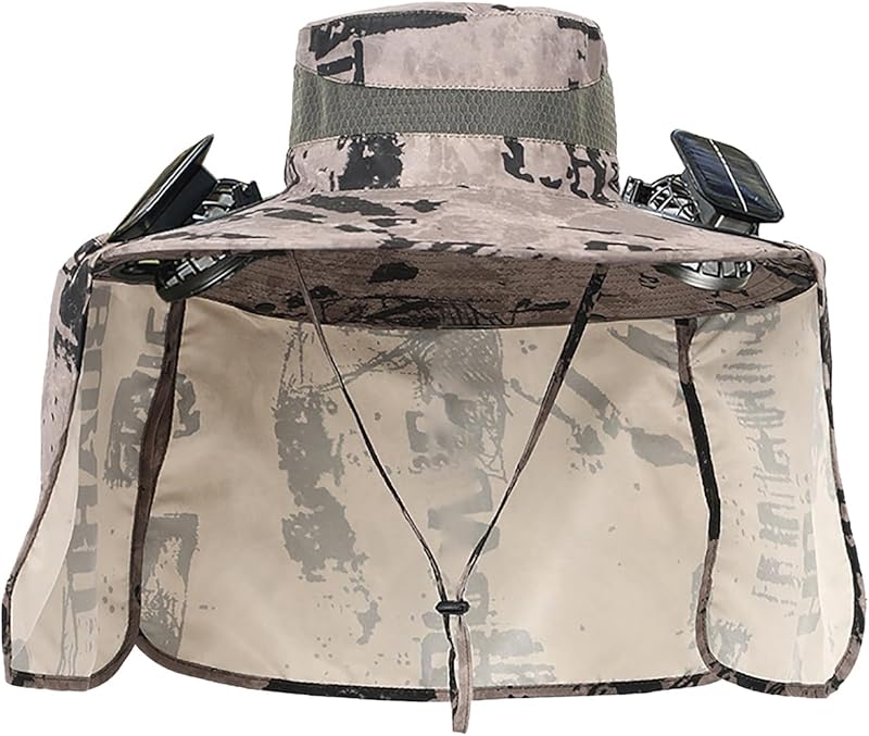 Outdoor Wide Brim Sun Hat with 2 Solar Fan - 2025 Sun Bucket Hat for Men Women, UPF 50+ Bucket Fishing Beach Hat Fan Built in