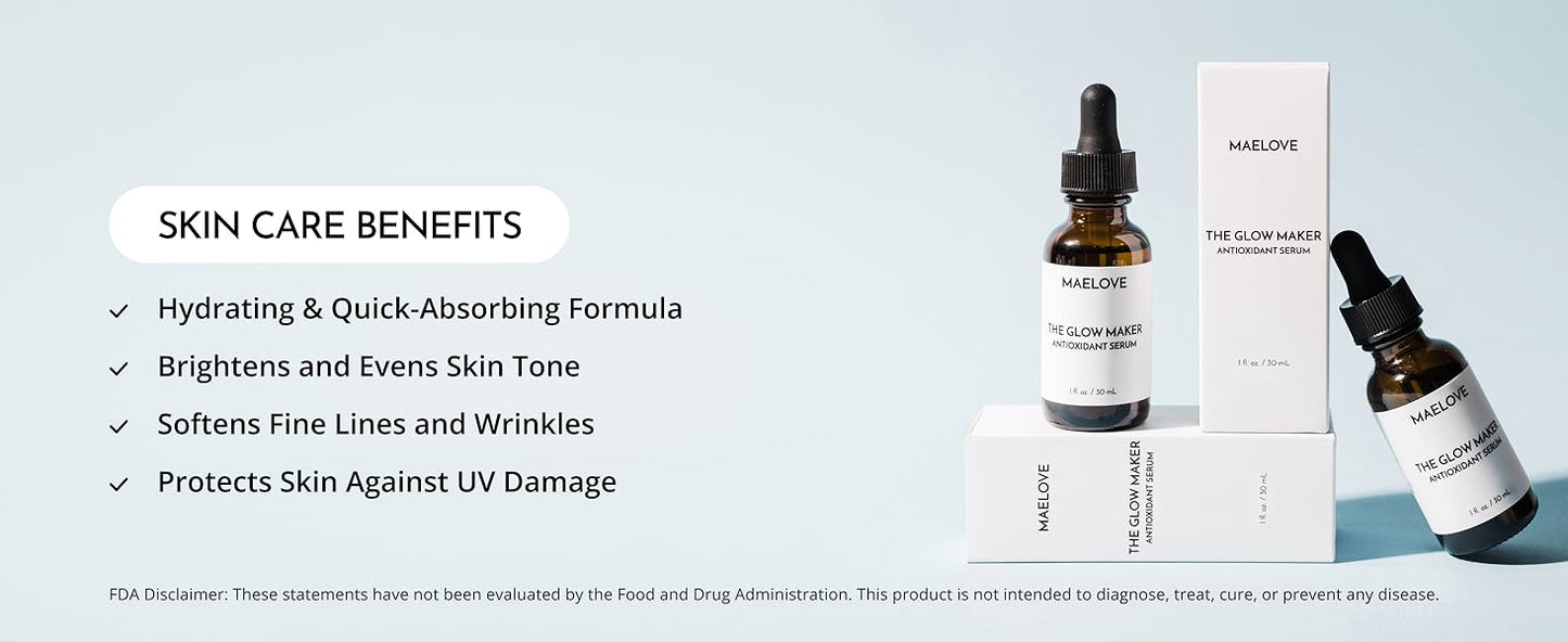 MAELOVE Glow Maker Vitamin C Serum with Vitamin E, Ferulic Acid & Hyaluronic Acid, Award-Winning Brightening and Hydrating Facial Serum, Unscented, 1.0 fl oz