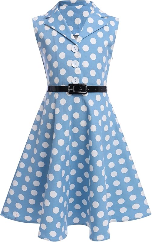 Kids Girls 50s Audrey Vintage Polka Dot Swing Party Rockabilly Dress Retro Peter Pan Doll Collar Wedding Casual Skater Dress