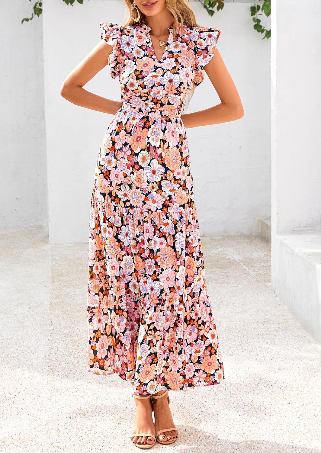 PRETTYGARDEN Women's 2025 Summer Floral Midi Dress Cap Sleeve V Neck Ruffle Long Flowy Boho Casual Beach Vacation Dresses