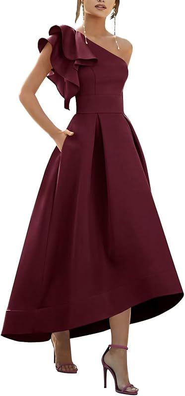 One Shoulder Satin Mother of Bride Dresses 2025 High-Low Ruffle Formal Evening Party Gowns