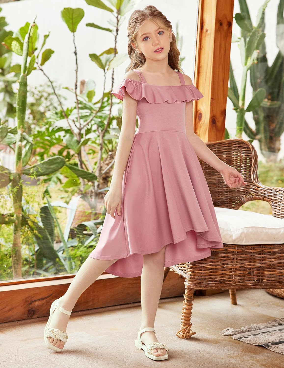 Arshiner Girls Summer Dress Off Shoulder Children's Dress Ruffle Sleeves Elegant Strap Dress Children A Line Swing Dress High Low Dress Casual Dresses with Pocket 4-13Years