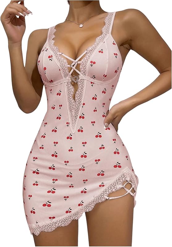 SHENHE Women's Ribbed Deep V Neck Floral Print Lace Trim Sexy Nightgown Chemise Slip Dress