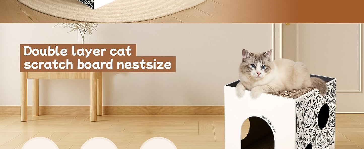 Dual-Level Cat Scratcher & Cozy Cat Cave House - Space-Saving Durable Corrugated Fiberboard for Indoor Cats, Furniture Protector with Adventure-Ready Design Cardboard Cat House